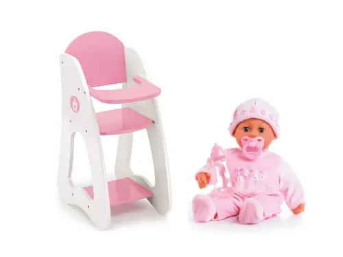 Bayer – Doll Highchair Princess World + Doll First Words Baby Soft Pink 38 cm (Bundle)