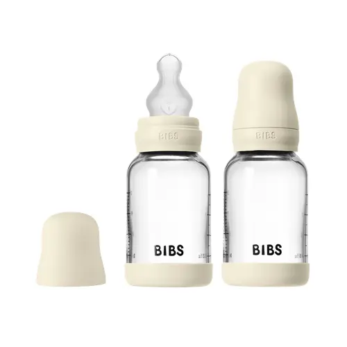 BIBS - Glass Baby Bottle Round Silicone 2 Pack - Ivory - 120 ml