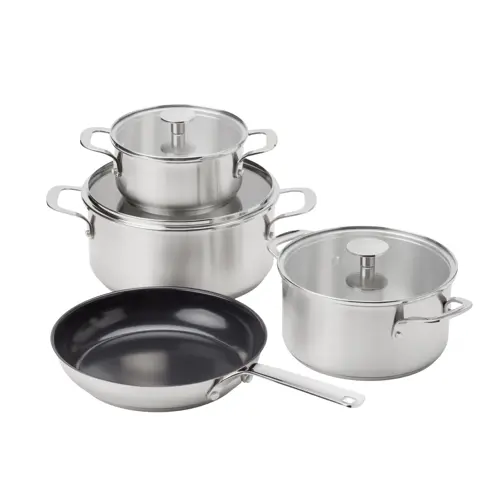 KitchenAid - Stainless Steel Cookware Set: Casserole with Lid (16cm, 20cm, 24cm) + Frypan (24cm)