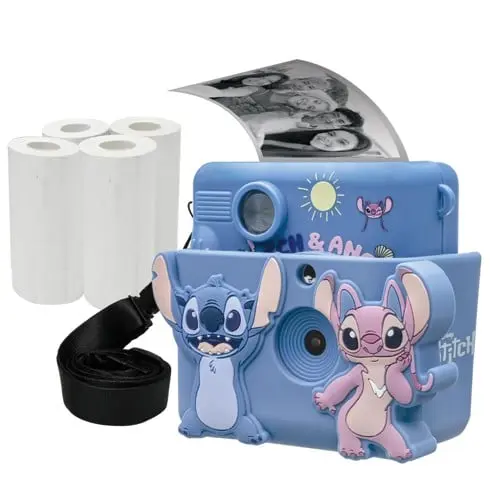 Lexibook - StarCAM® Print, camera pack with instant printer, 4 paper rolls, neck strap, 3D DISNEY Stitch silicon pouch and custom kit (DJ130DZ)
