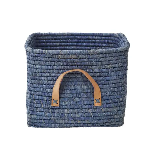 Rice - Small Square Raffia Basket with Leather Handles - Blue