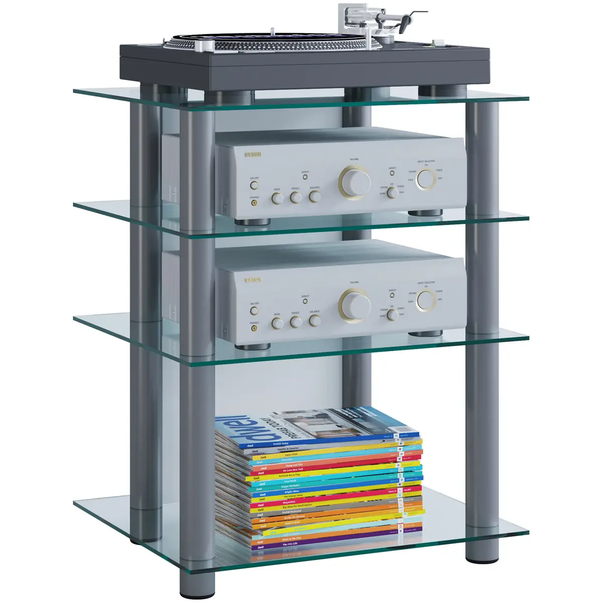 Bilus Hifi reol, m. 4 hyller - glass og grå aluminium