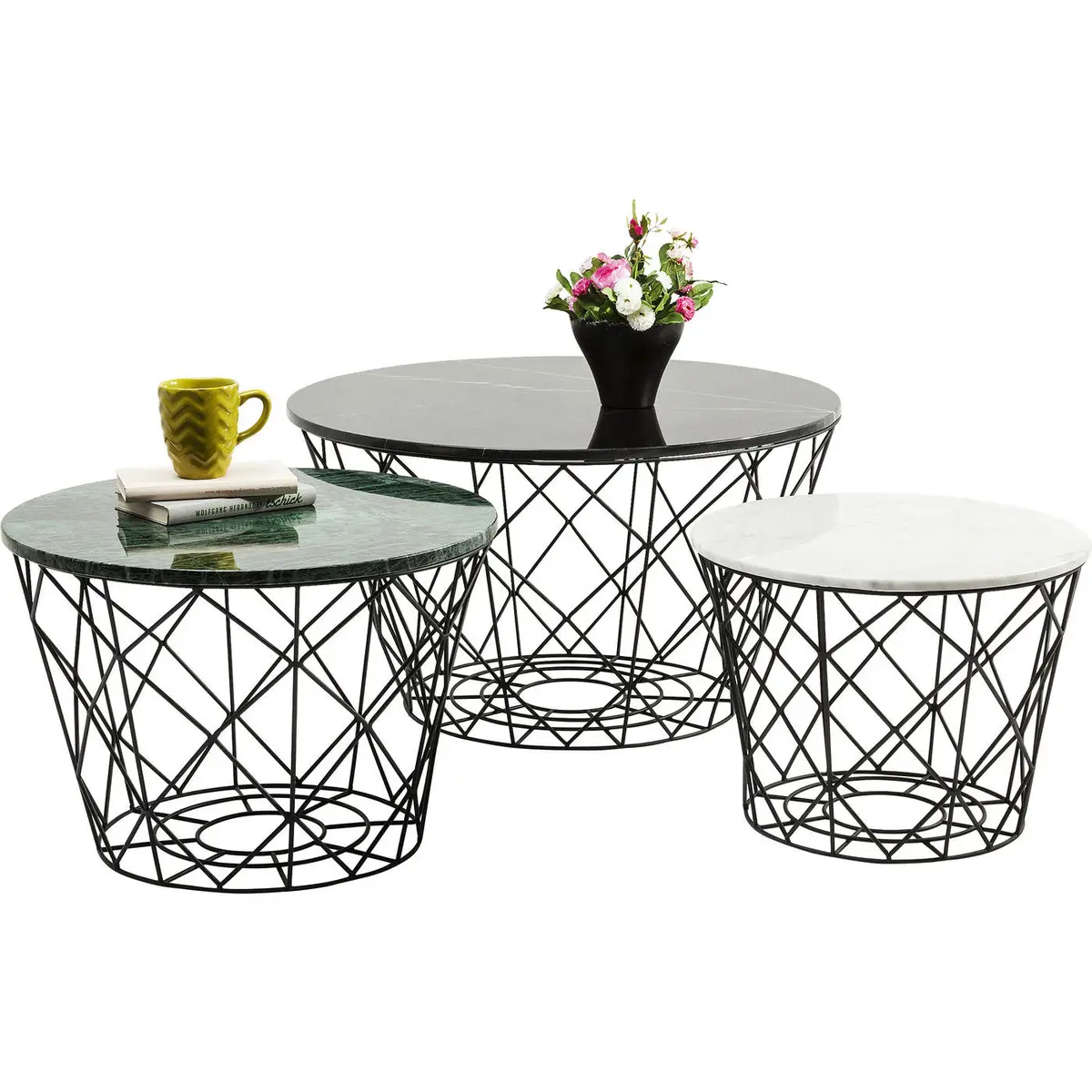 KARE DESIGN East Round sofabordsett - grønn/hvit/svart marmor, rundt (sett m. 3)