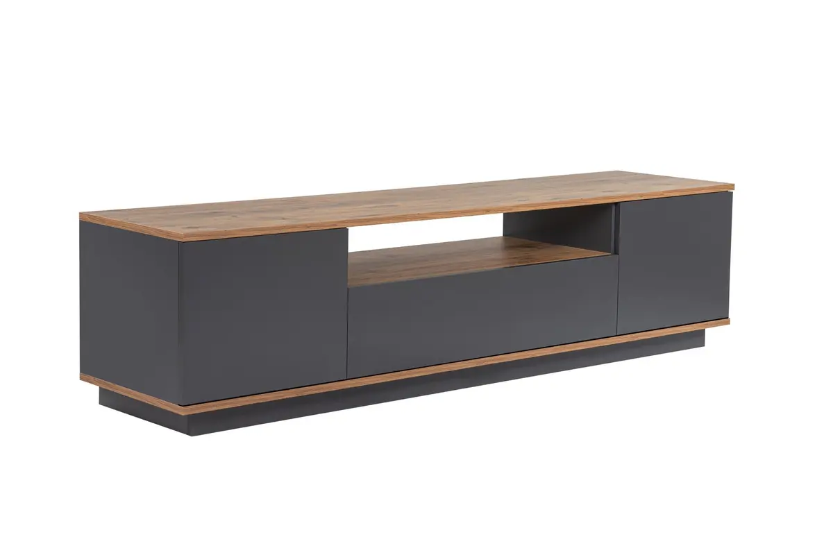 NORDVÄRK Veramont TV-benk, med 3 dører, 1 hylle - antrasitt og atlantisk furu melamin (180x44,5)