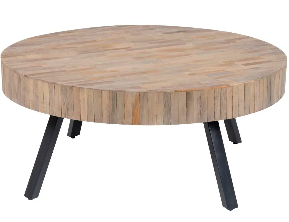 FURBO salongbord - naturlig/svart teak/metall, rundt (Ø:90cm)
