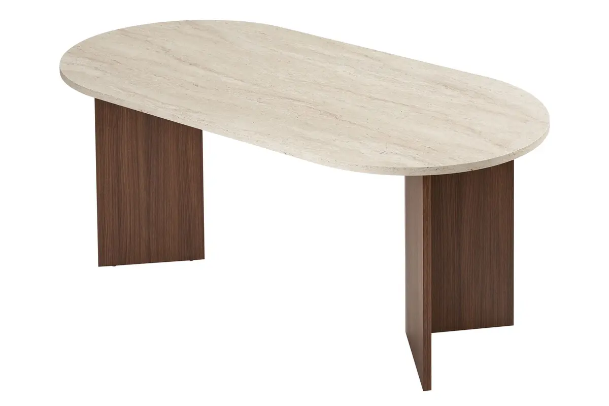 NORDVÄRK Sablin spisebord, ovalt - sand travertin og brun Milano valnøtt melamin (180x90)