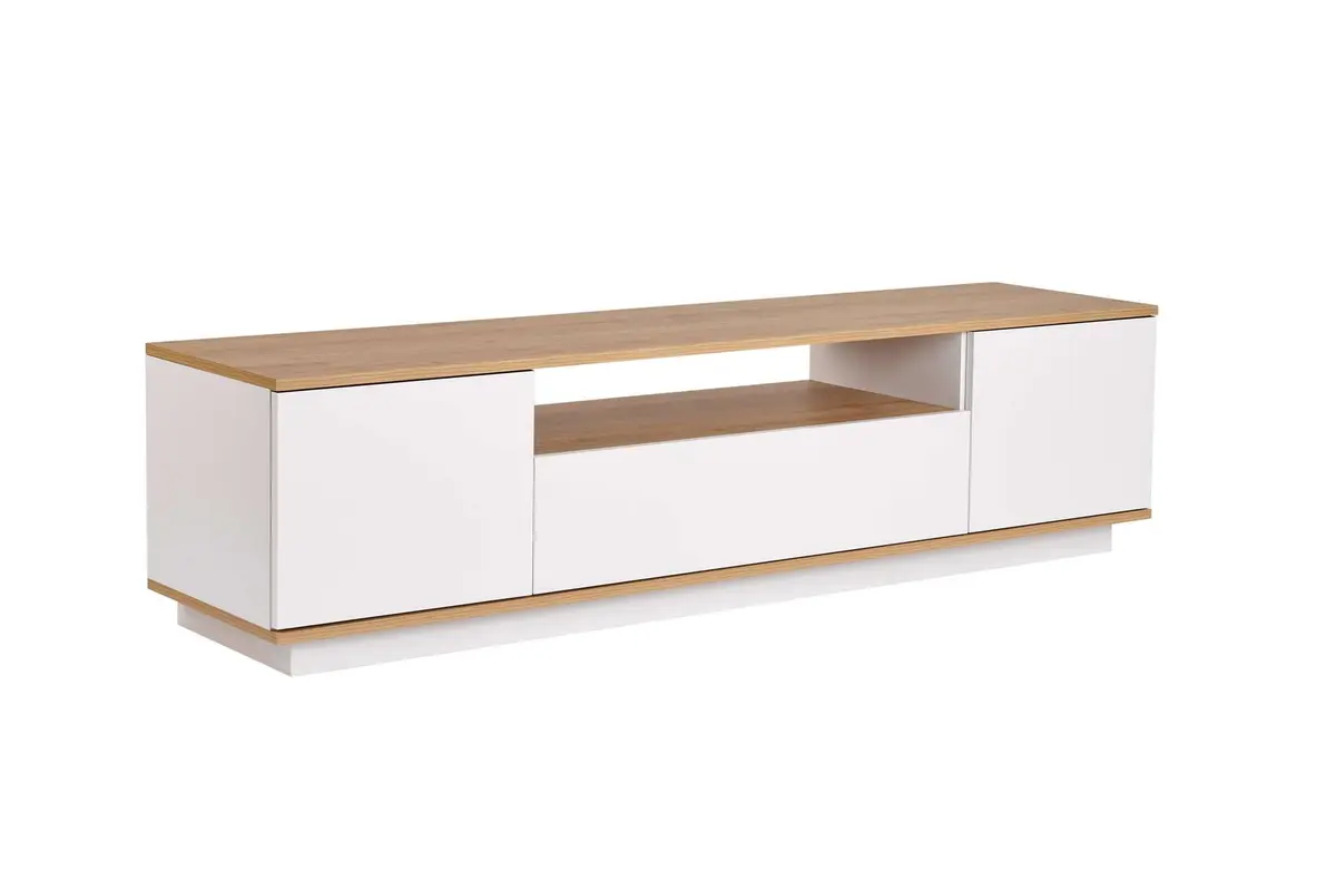NORDVÄRK Veramont TV-benk, med 3 dører, 1 hylle - hvit og Cadiz eik melamin (180x44,5)