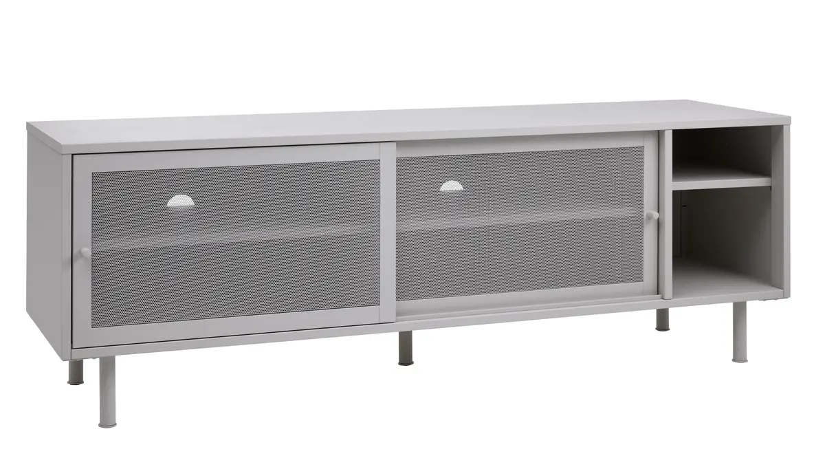 Veep TV-bord, m. 2 skyvedører og hyller - greige metall (160x45)
