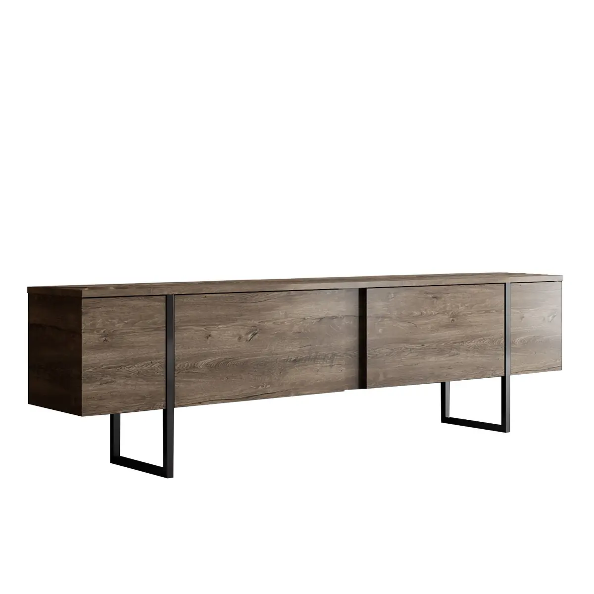 NORDVÄRK Luxe TV-bord, m. dører - valnøtt melamin og svart metall (180x30)