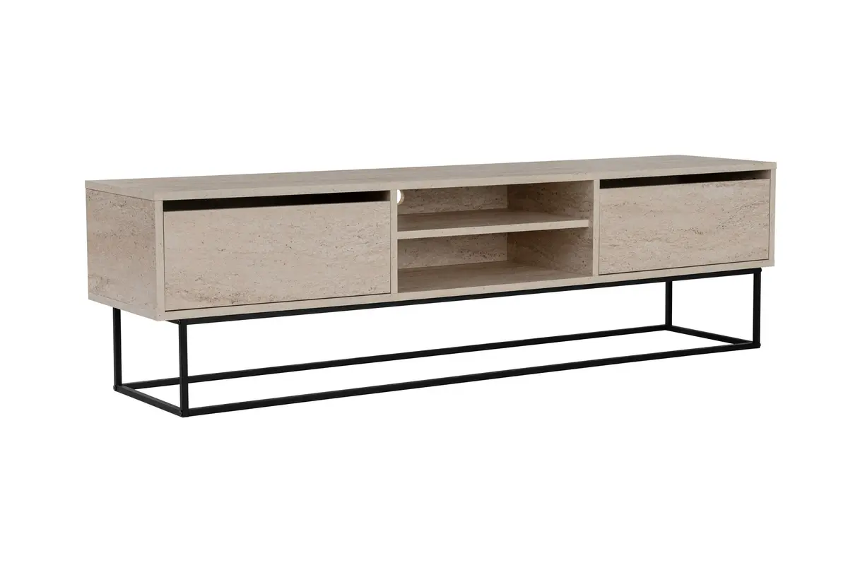 NORDVÄRK Escape 180 TV-bord, med 1 hylle og 2 skuffer - travertin melamin og svart jern (180x40)