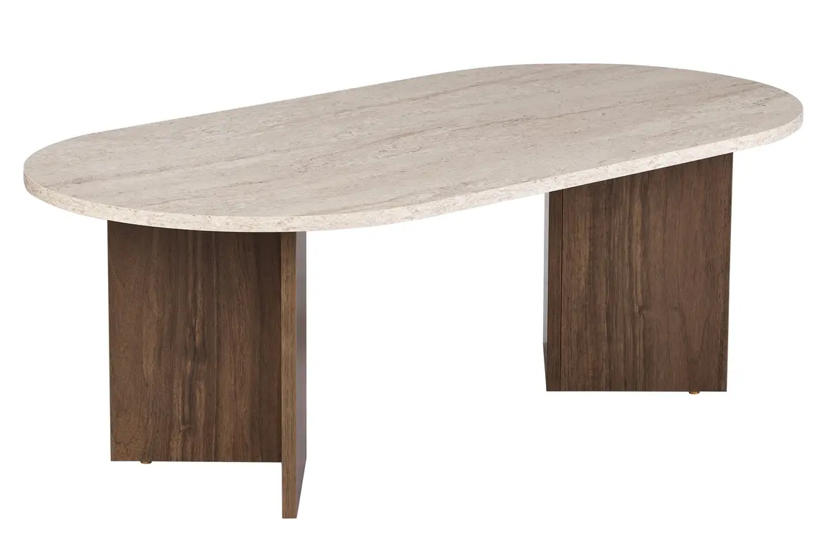 NORDVÄRK Sable salongbord, ovalt - sand travertin og brun valnøtt melamin (119x60)
