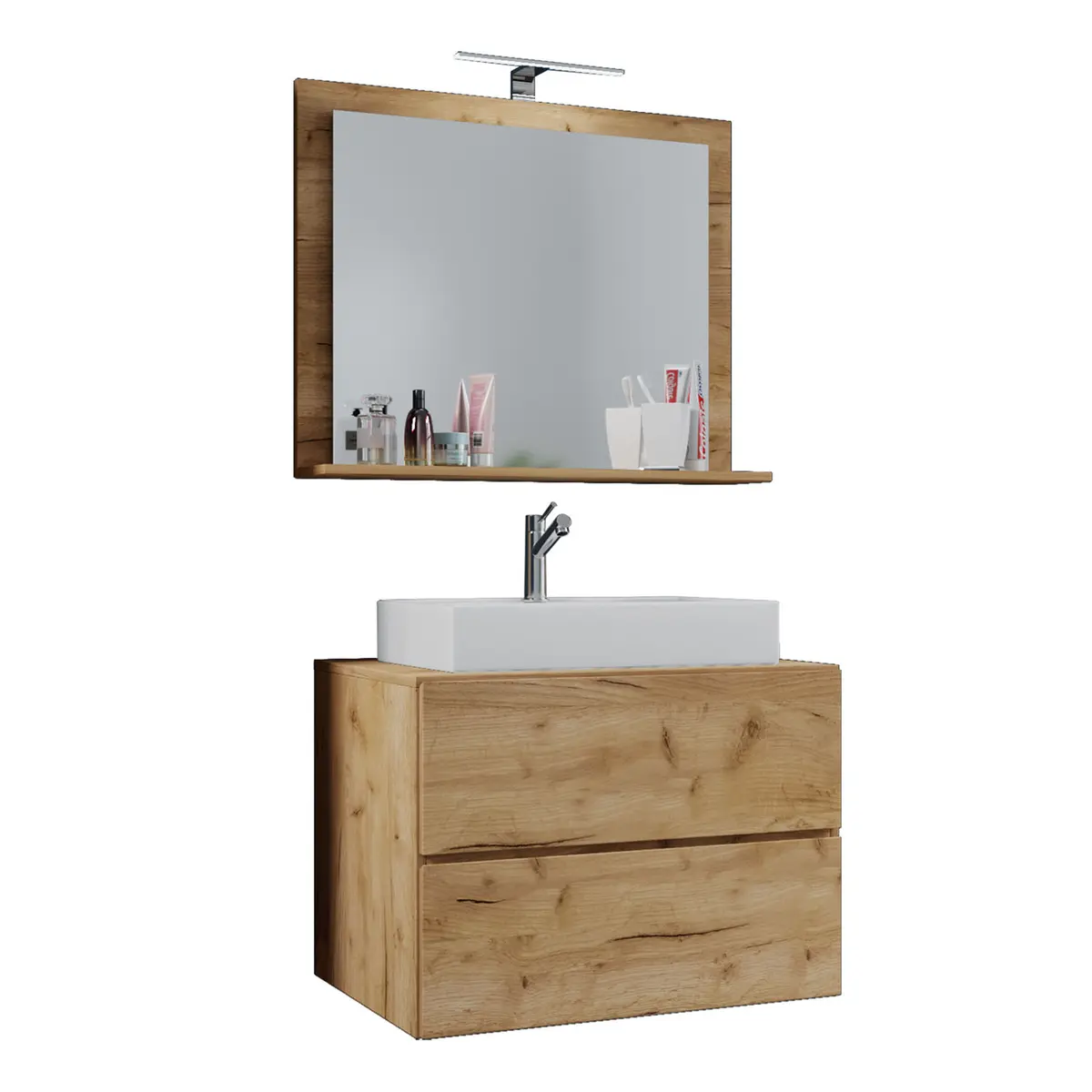 Lendas M baderomsmøbelsett - speilglass, keramikk og naturlig melamin (sett med 3)