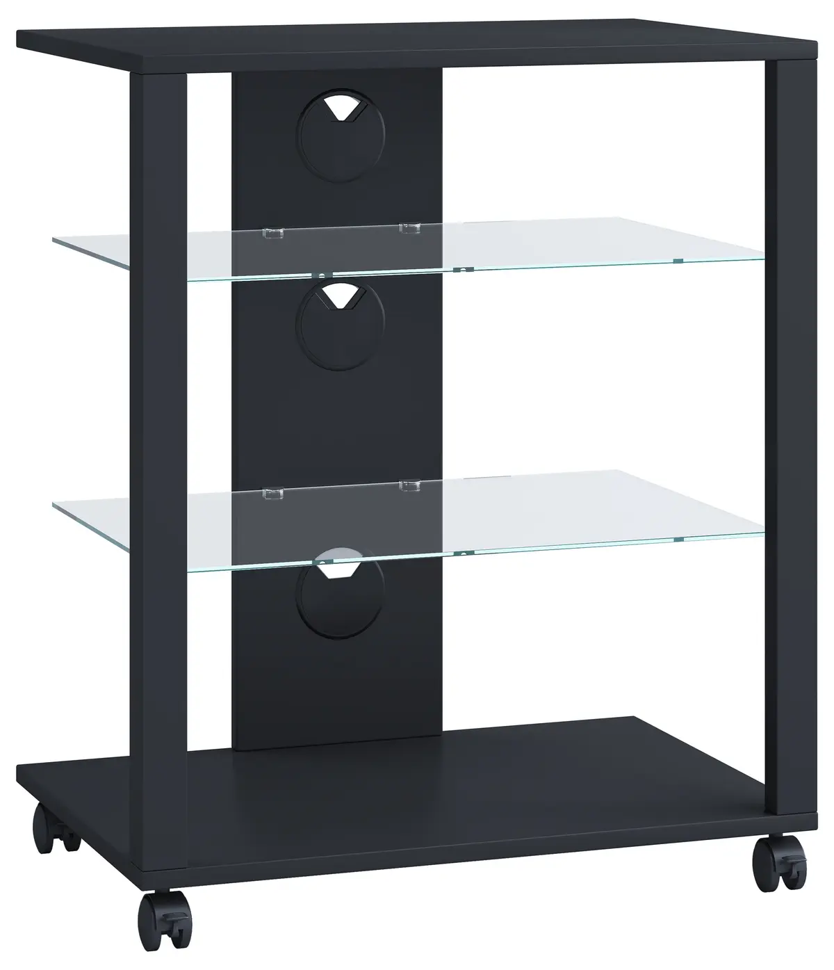 VCM NORDIC Folas Hi-fi og TV-bord, m. 2 glasshyller og hjul - svart tre (60x41)