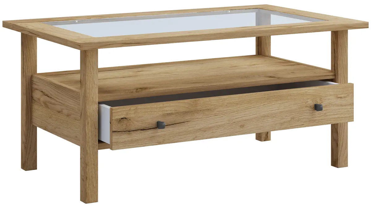 VCM NORDIC Lingis L sofabord, m. 1 skuff - glass og naturlig tre (90x53,5)
