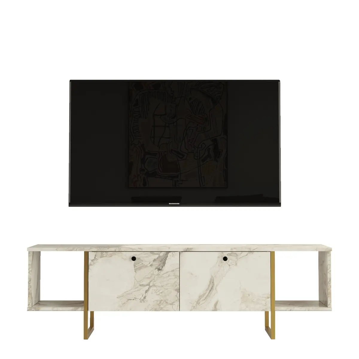 NORDVÄRK Vg30 TV-bord, m. 2 dører og 2 åpne rom - hvit melamin og gullmetall (160x40)