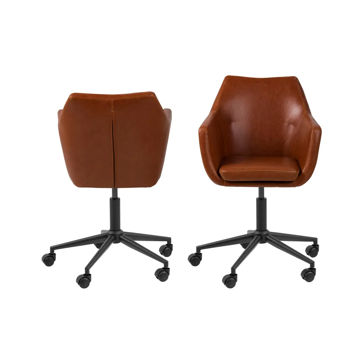 ACT NORDIC Nora skrivebordsstol med armlener, 5-stjerners base og hjul - vintage cognac PU og svart metall