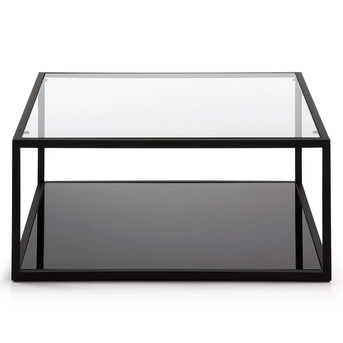 KAVE HOME Greenhill salongbord, med hylle - klart glass og sort stål (80x80)