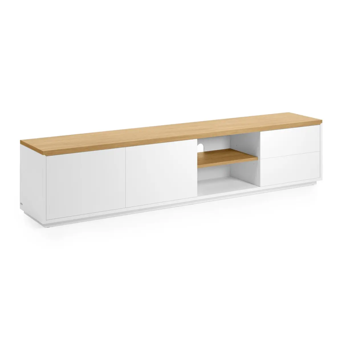 KAVE HOME Abilen TV-bord, m. 2 dører, 2 skuffer og 3 hyller - hvit MDF og naturlig eikefiner (200x36)