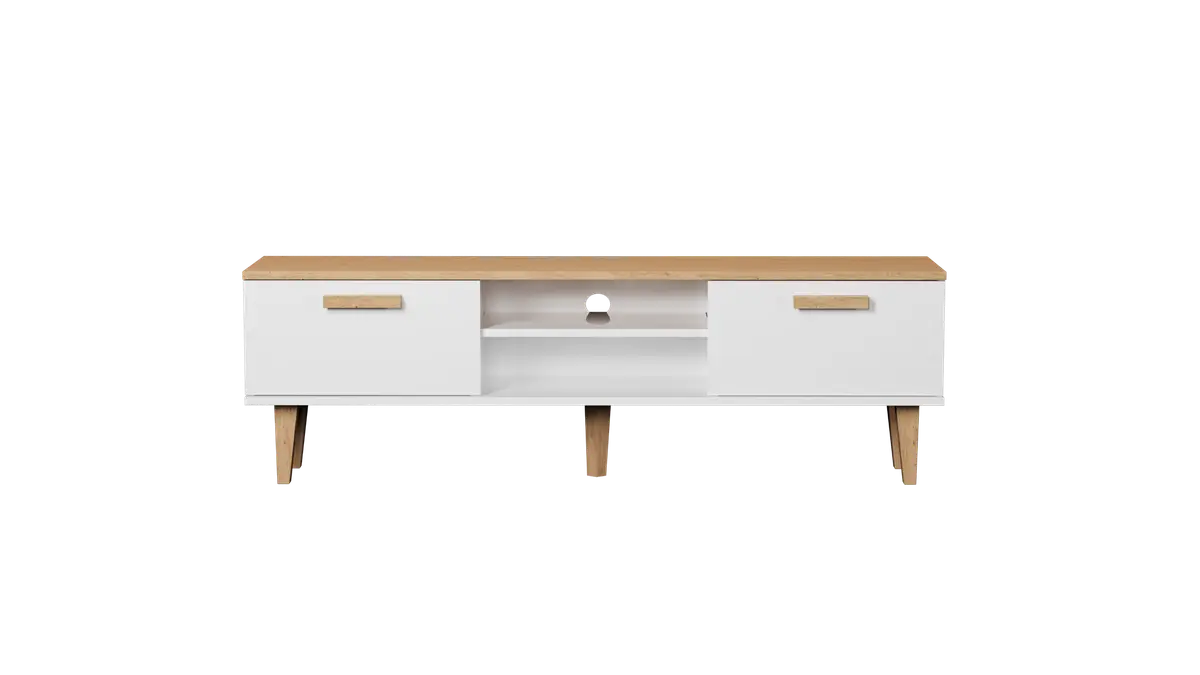 KOCOT Denver TV-bord, m. 2 dører og 1 hylle - hvit og naturlig hickory sponplate (160x47,2)