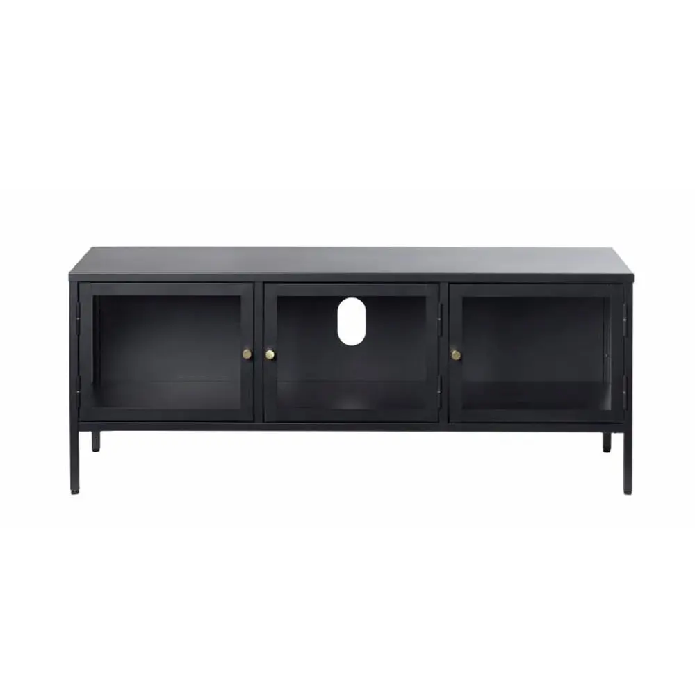 Plysj TV-bord, m. 3 dører - glass og svart metall (132x40,3)