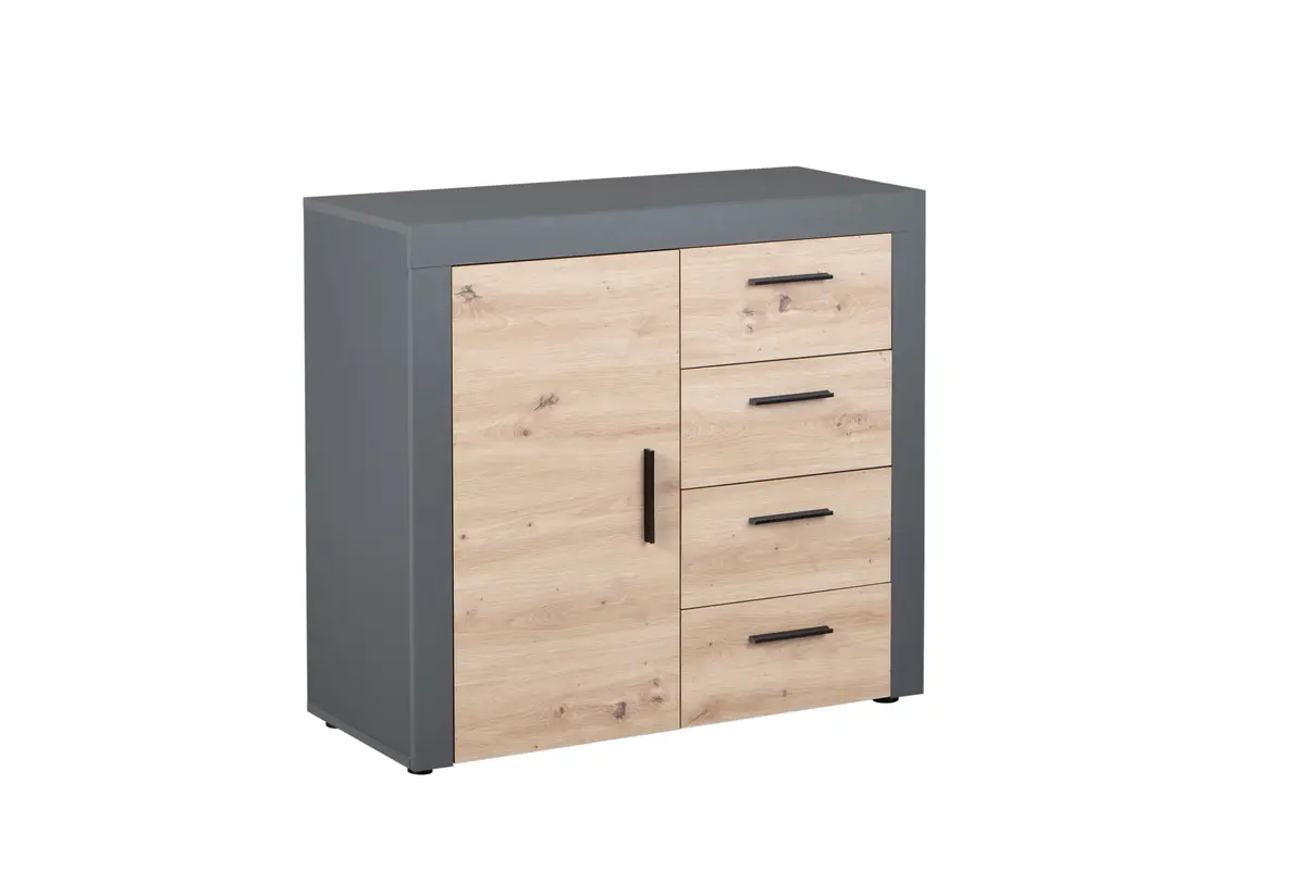 NORDIC LIVING COLLECTION Corbeto kommode, med 1 dør og 4 skuffer - Håndlaget eikeutseende og antrasittgrå melamin