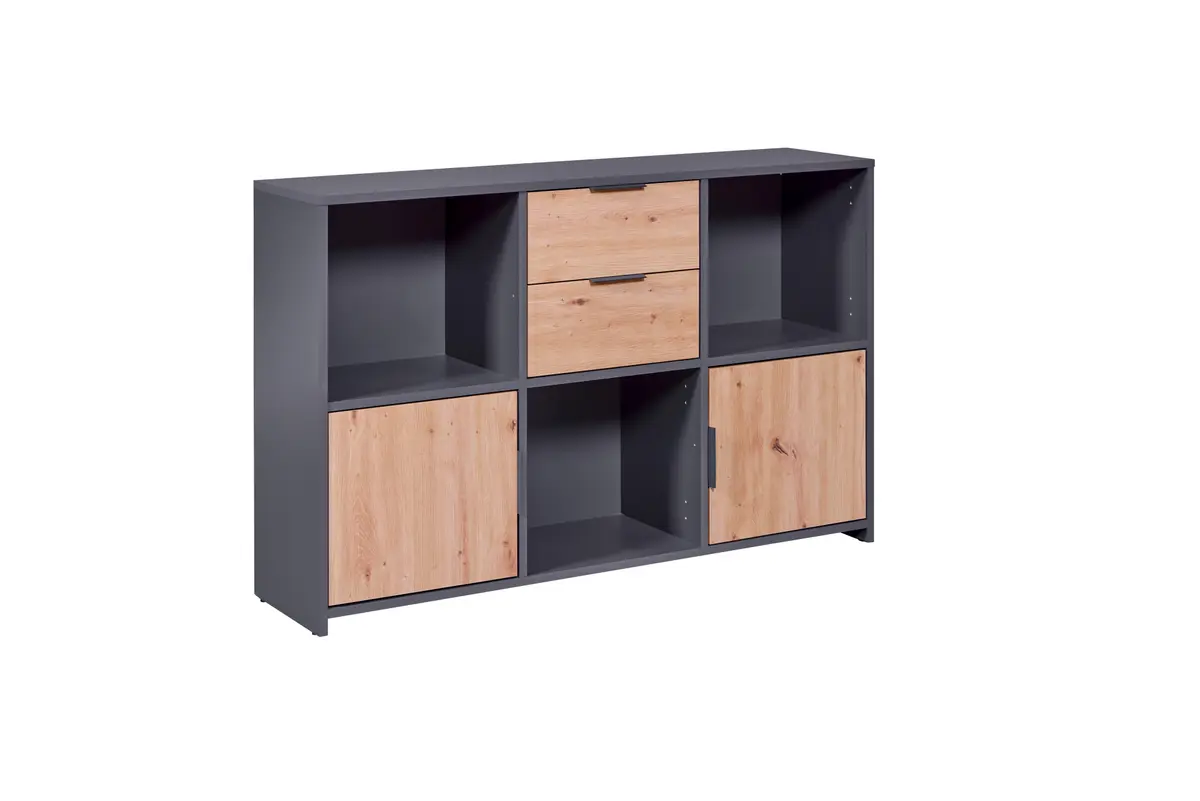 NORDIC LIVING COLLECTION Pepeto kommode, med 2 dører, 2 skuffer og 3 rom - eikefarget og antrasittgrå melamin