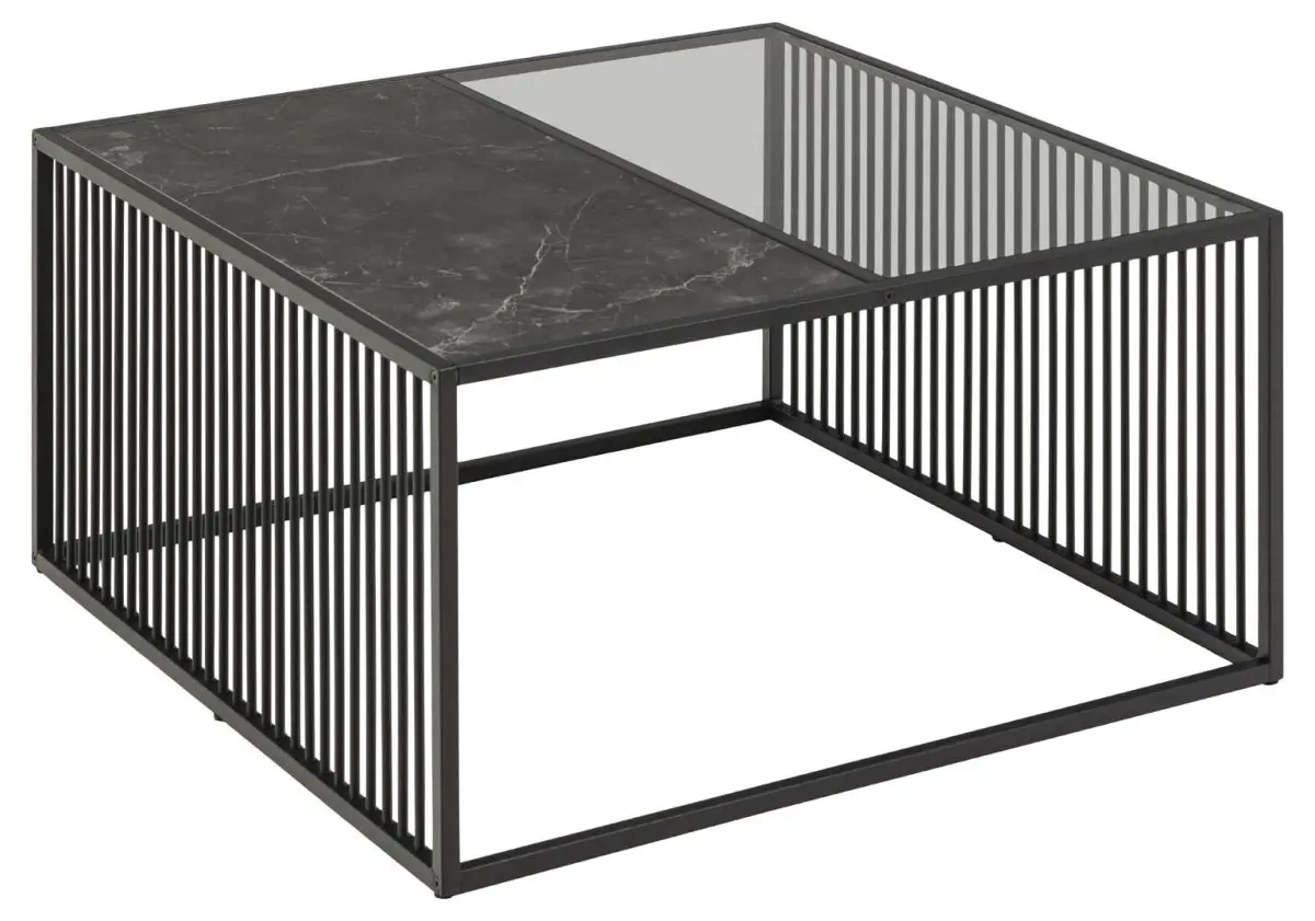 Strington sofabord 80x80 cm glass røykfarget, svart marmor dekor.