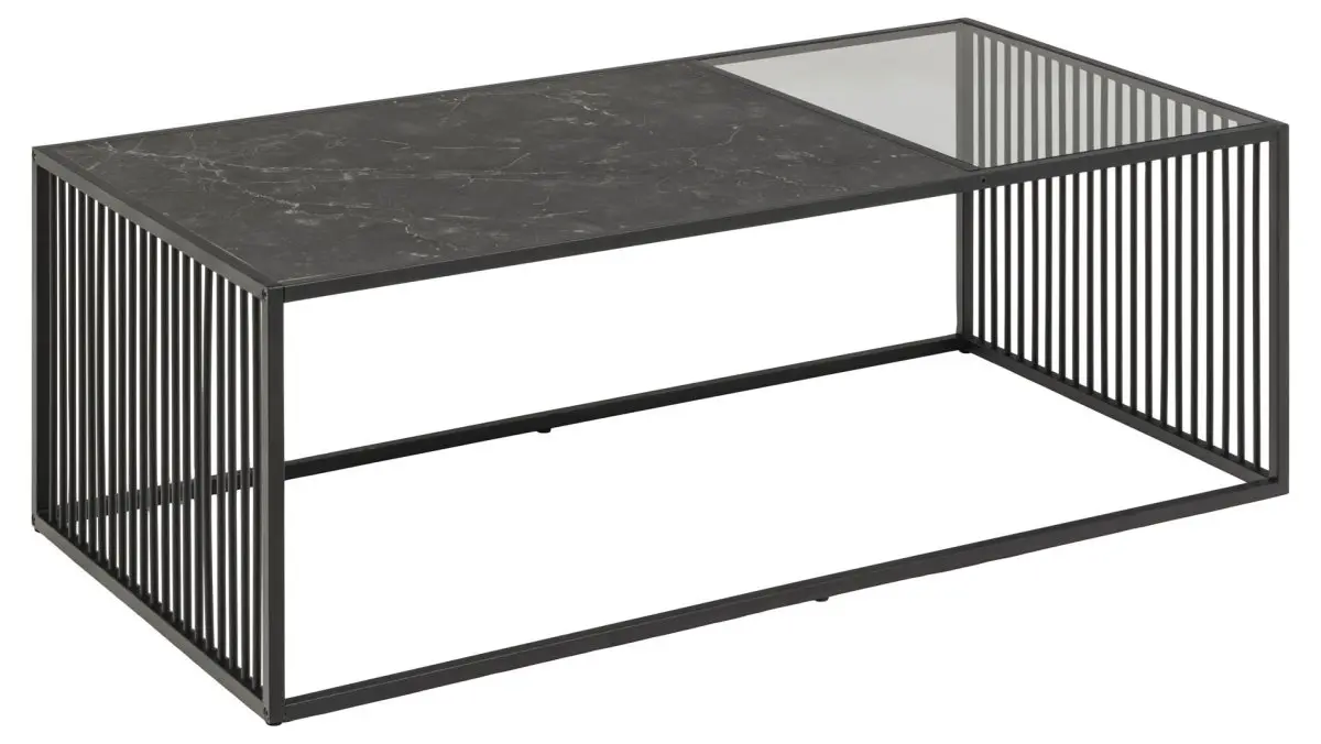 Strington sofabord 120x60 cm glass, røykfarget, svart marmor dekor.