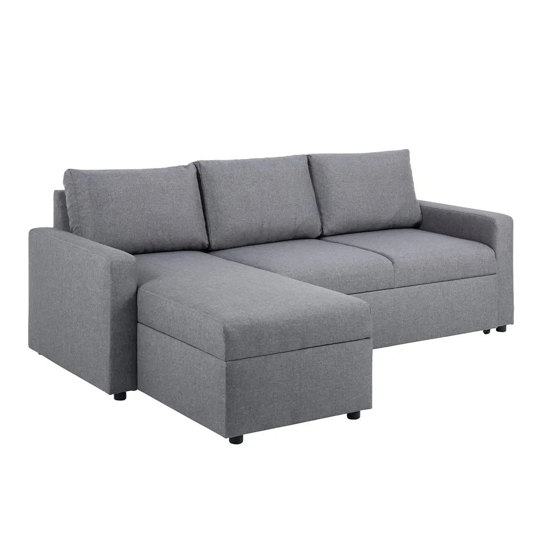 Sander sovesofa med sjeselong, oppbevaring og uttrekk grå.
