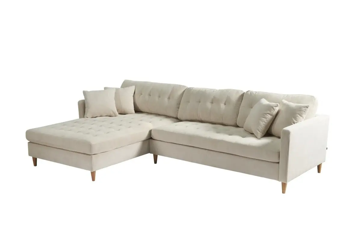 Marino Deluxe sjeselongsofa høyre eller venstrevent med puter fløyel sandfarget.