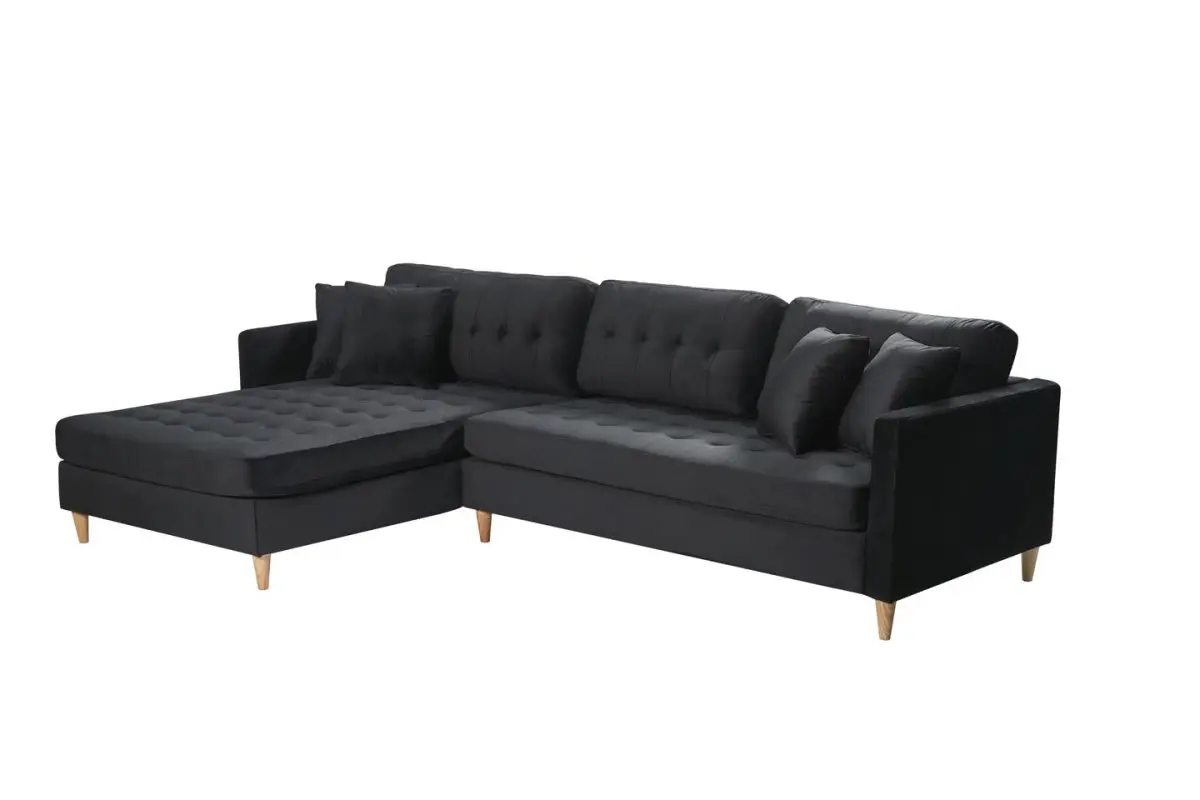 Marino Deluxe sjeselongsofa høyre eller venstrevent med puter velour svart.