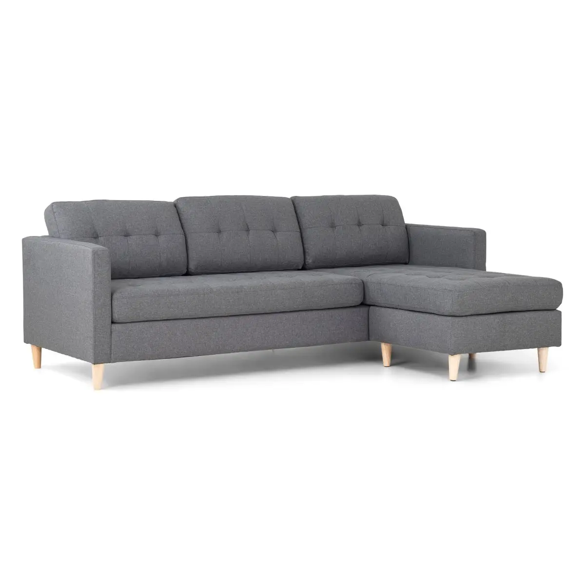 Marino sofa, sjeselong høyre eller venstrevent i stoff lys grå, med treben.