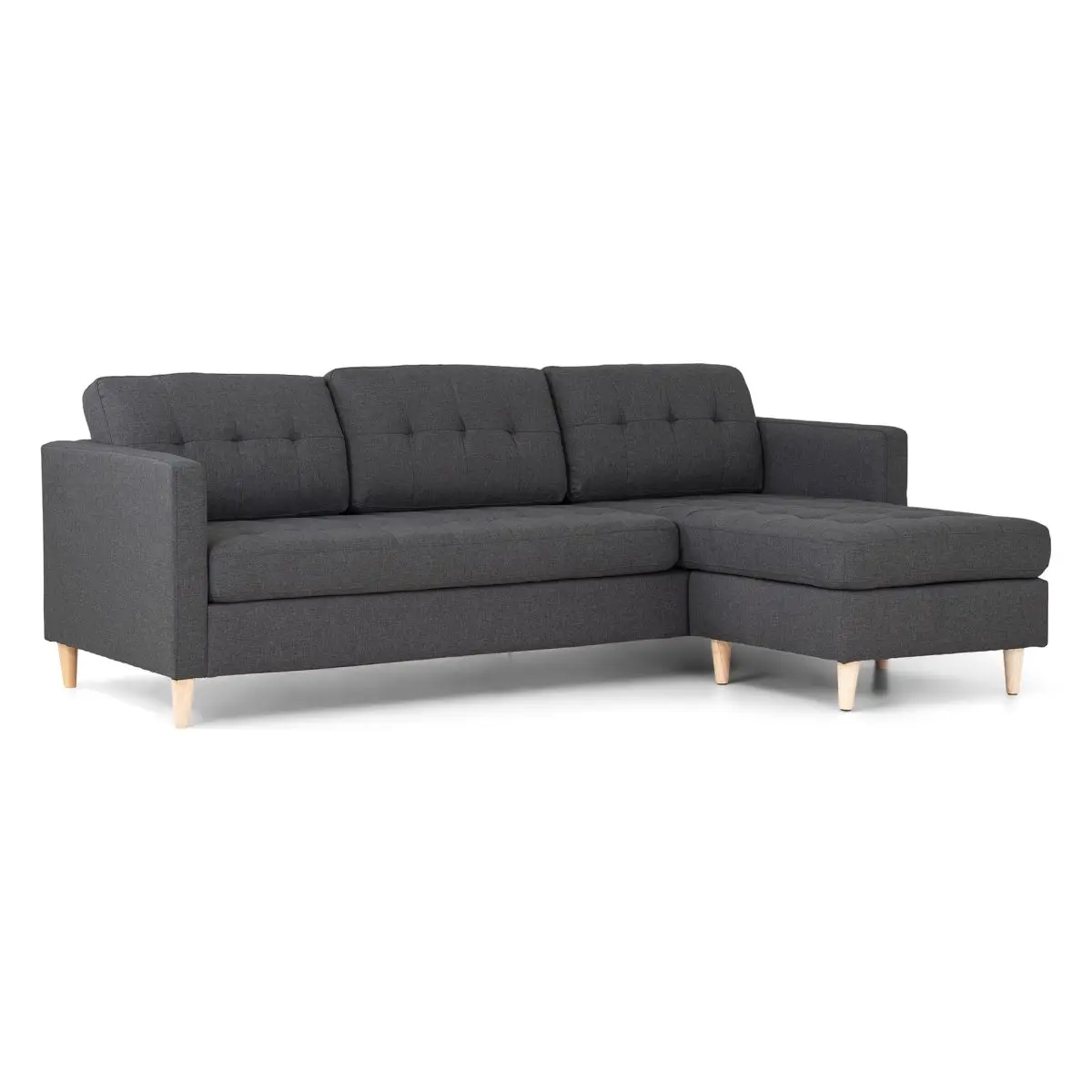 Marino sofa, sjeselongsofa høyre eller venstrevent i stoff mørk grå og med treben.