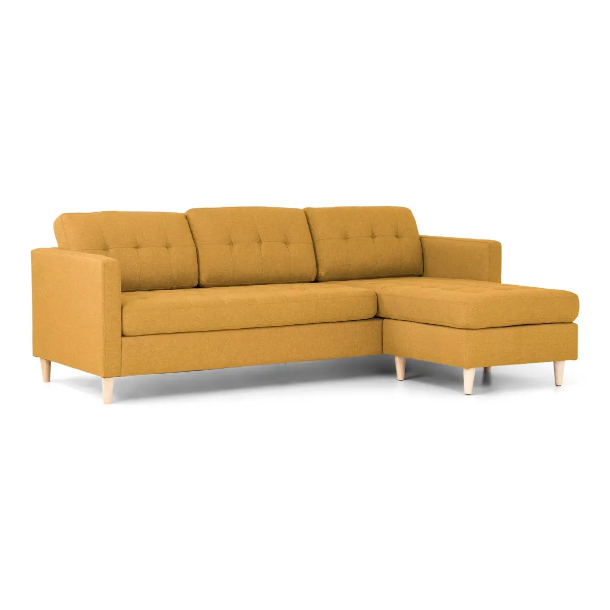 Marino sofa, sjeselongsofa høyre eller venstrevent i stoff karri gul og med treben.