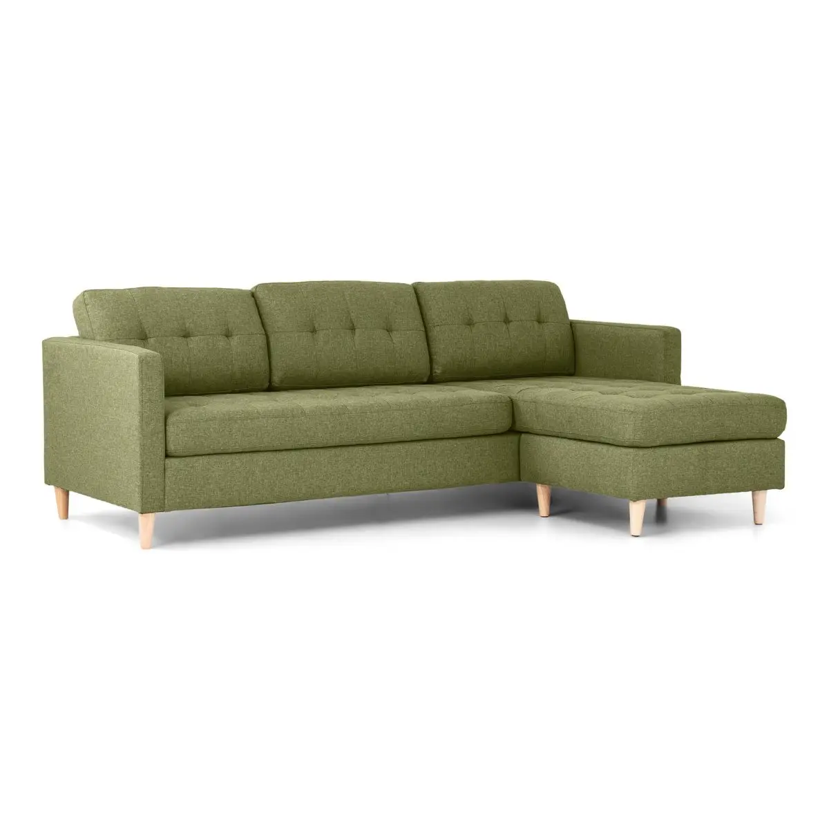 Marino sofa, sjeselong høyre eller venstrevent i stoff grønn, med treben.