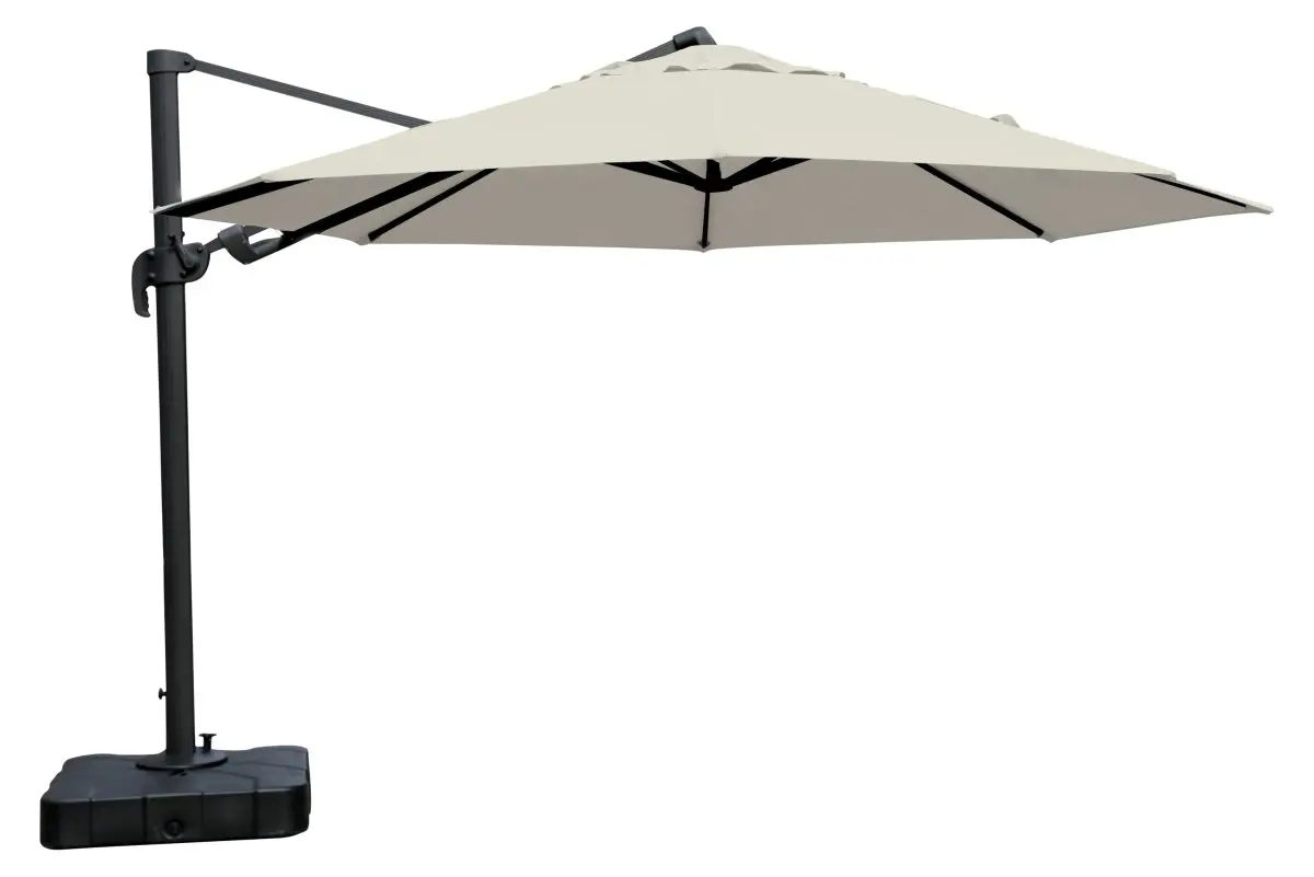 Anders hengeparasol, Ø3,5 M, med fot, svart og off white.
