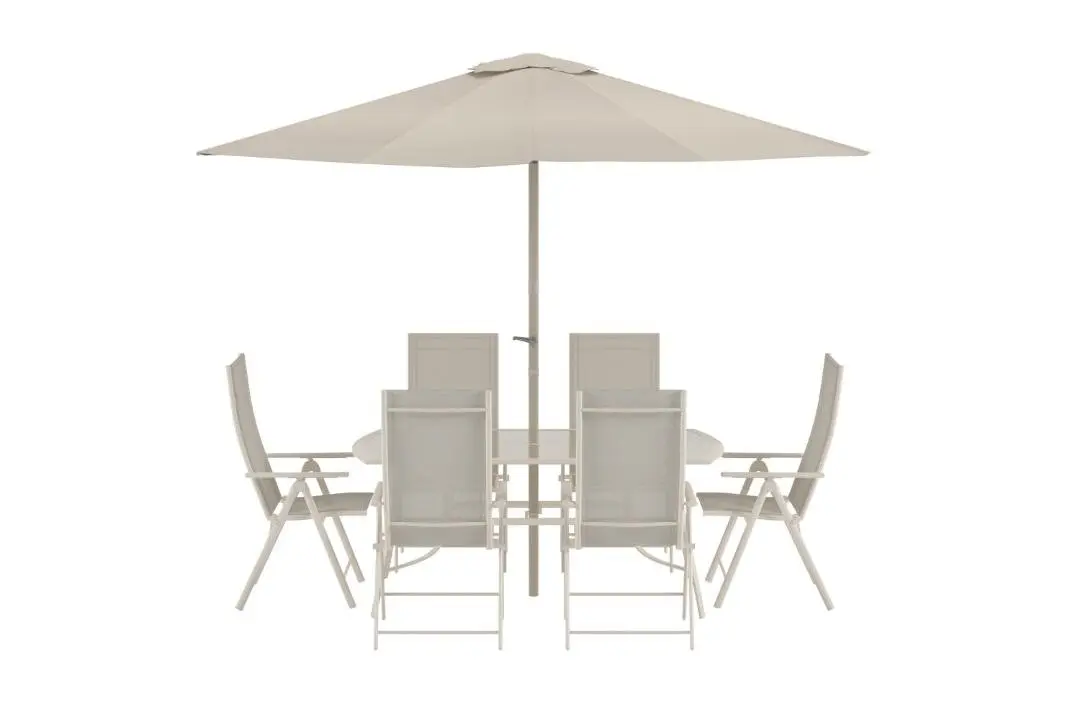 Brekki hagesett parasoll, bord 90x150cm 6 stoler beige.