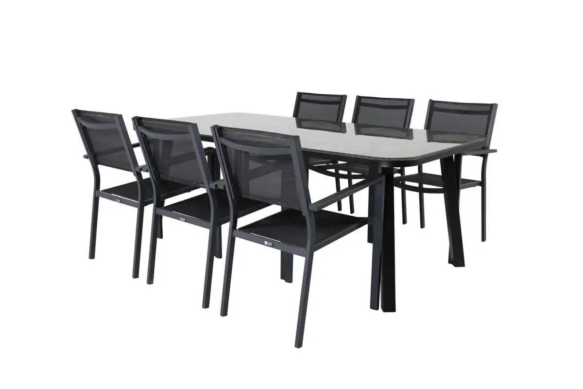 Paola hagesett bord 100x200cm svart, 6 stoler Copacabana svart.