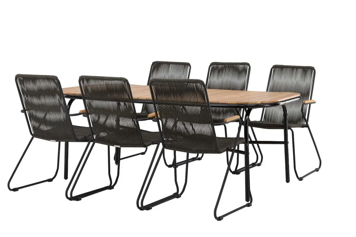 Holmbeck hagesett bord 90x200cm natur, 6 stoler Bois svart.