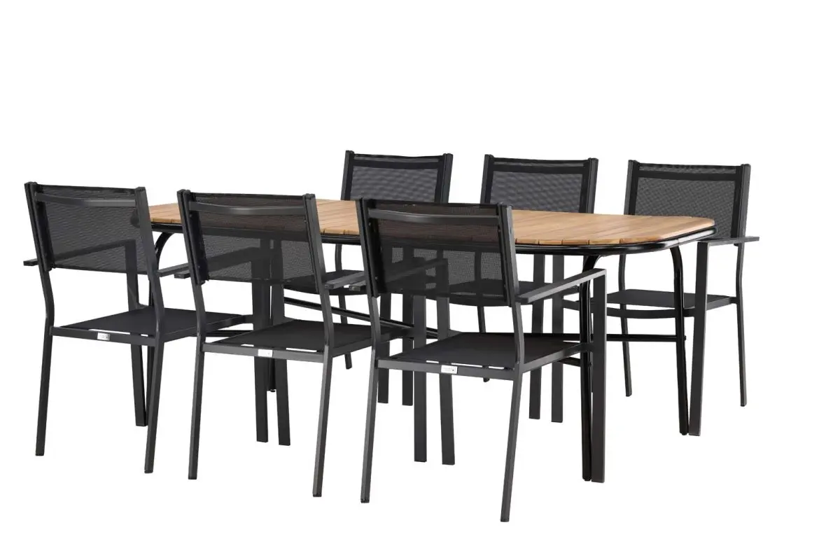 Holmbeck hagesett bord 90x200cm natur, 6 stoler Copacabana svart.