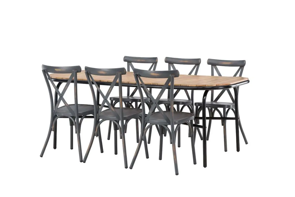 Holmbeck hagesett bord 90x200cm natur, 6 stoler Peking mørkegrå.