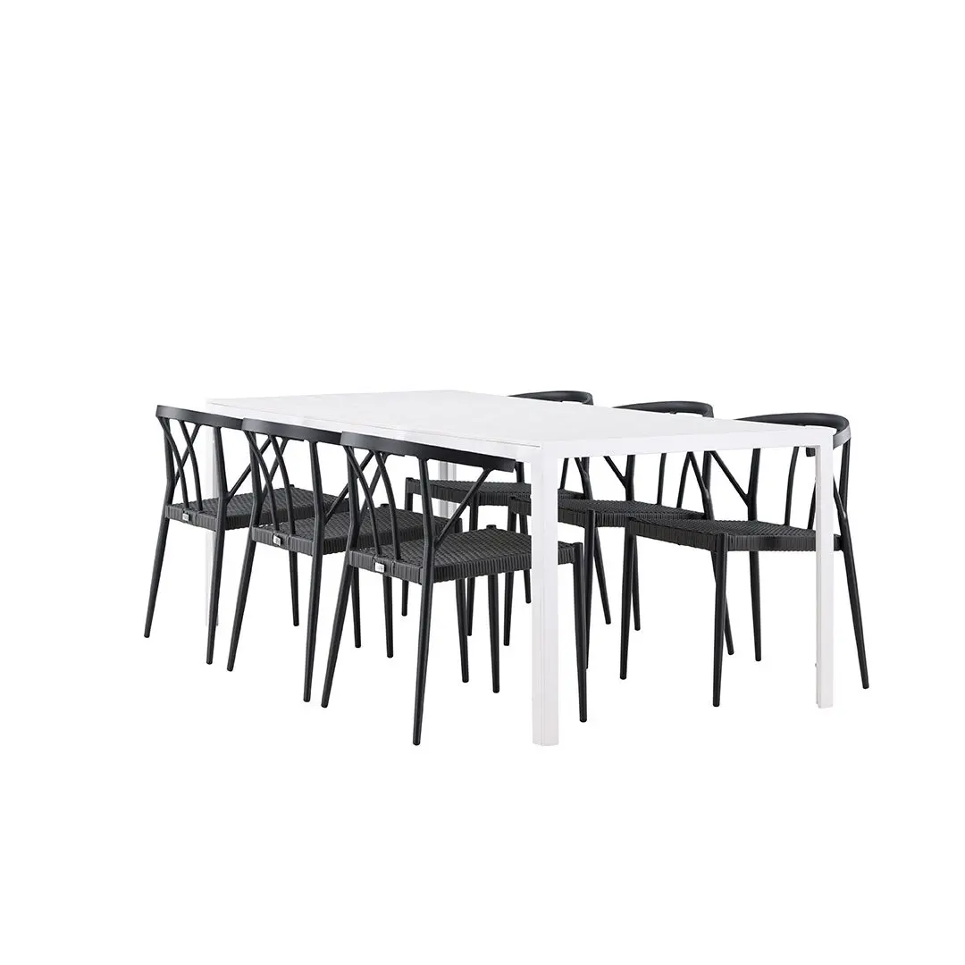 Break hagesett bord 90x205cm hvit, 6 stoler svart.