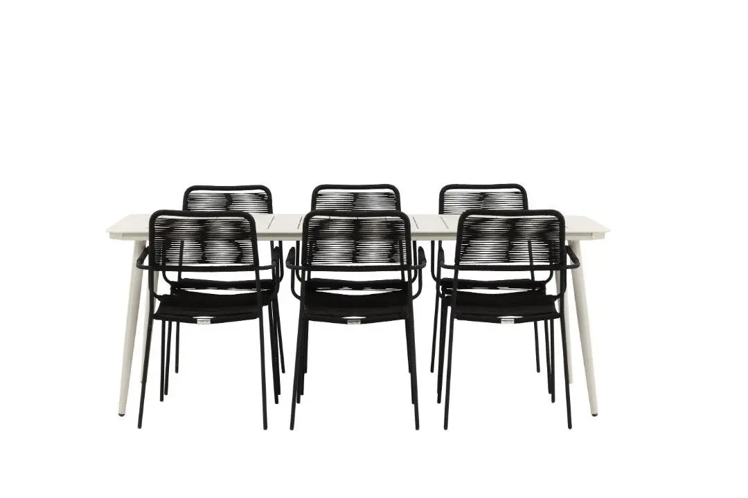 Lina hagesett bord 90x200cm 6 stoler Lindos svart.
