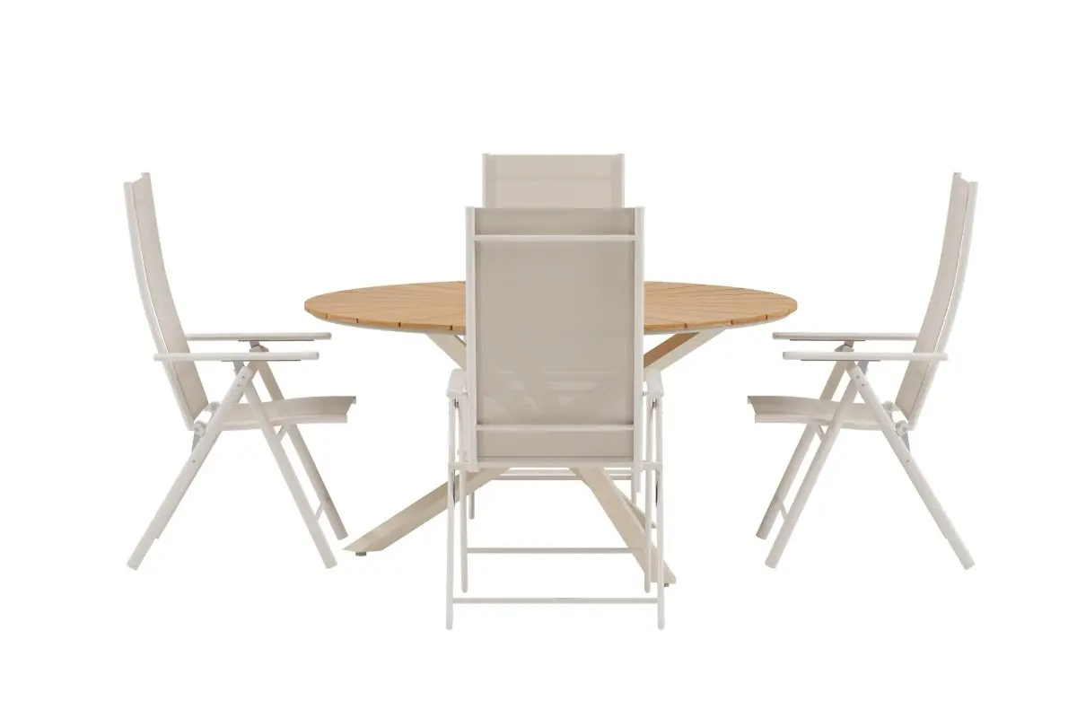 Mexico hagesett bord Ø140 cm natur 4 stoler beige.