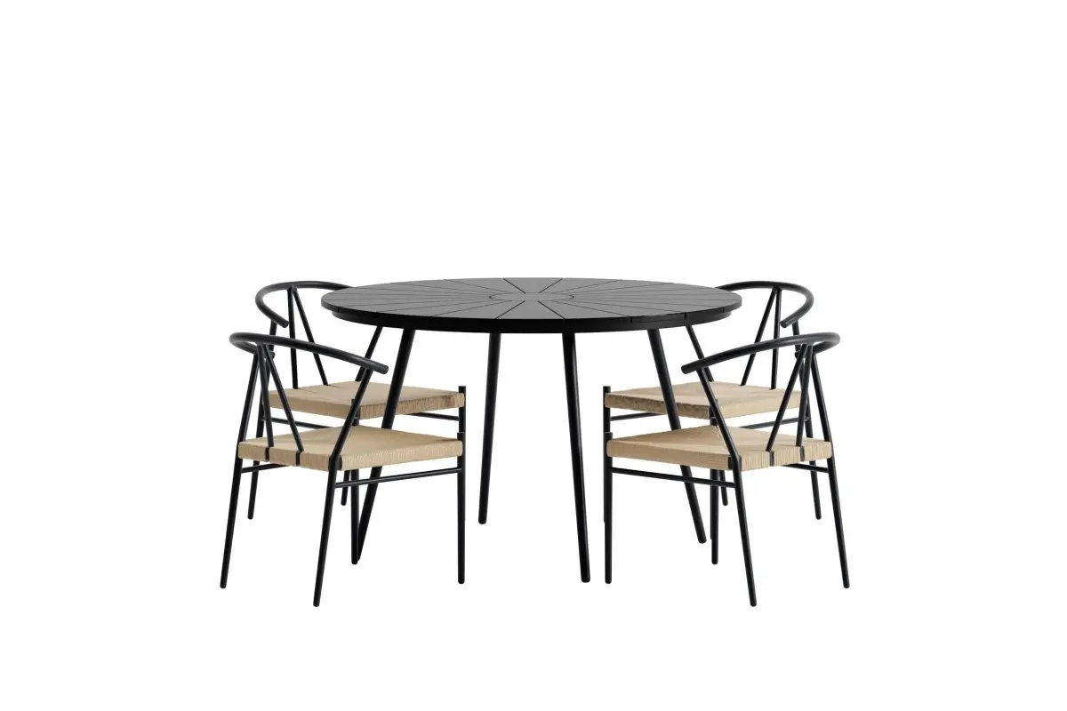 San Vito hagesett bord Ø120 cm svart 4 stoler svart.