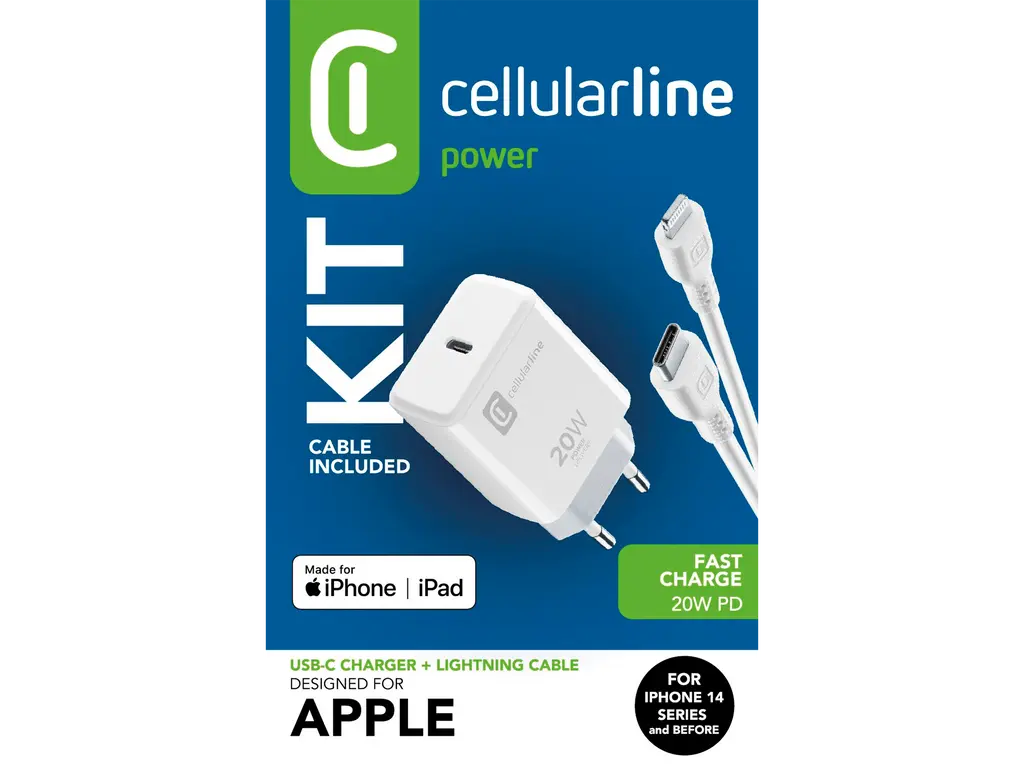 CellularLine 20W Strømadapter m/kabel USB-C til Lightning