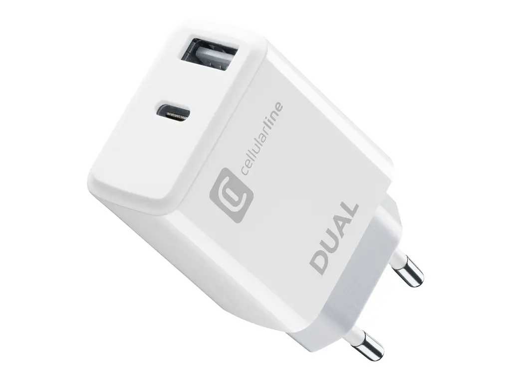 CellularLine 20W Dual Strømadapter USB-A og USB-C - Hvit