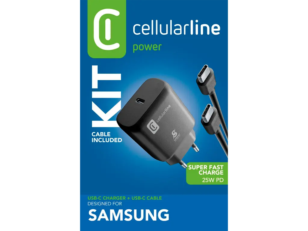 CellularLine 25W Strømadapter Samsung m/kabel USB-C til USB-C