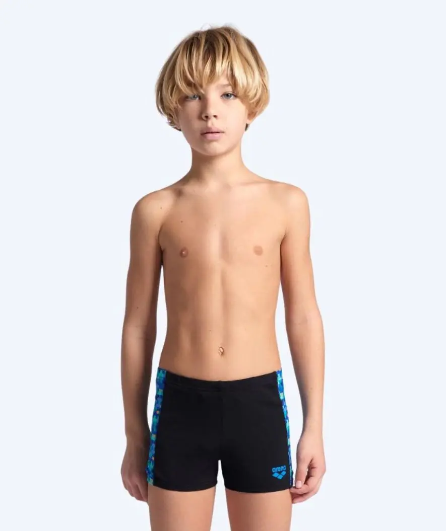 Arena firkantede badebukser til gutter - Pooltiles - Svart/blå