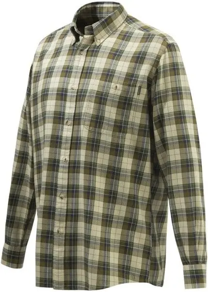 Wood Flannel Button Down Shirt Beige & Green Moss